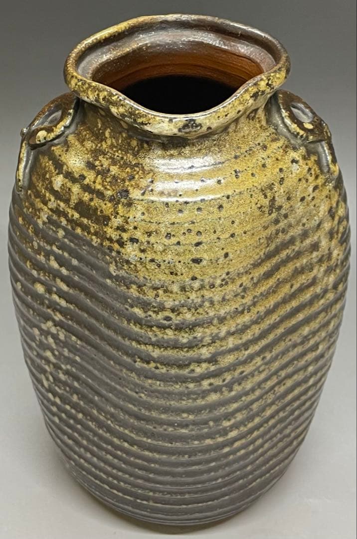 ヨシモ※プロフ必読※古備前　桂又三郎織　結文耳轆轤目ヘコミ花生　G532