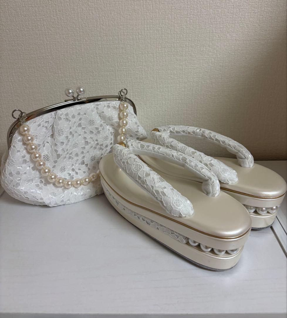 草履(厚底)バックセット　 パール　レース　[オフホワイト]