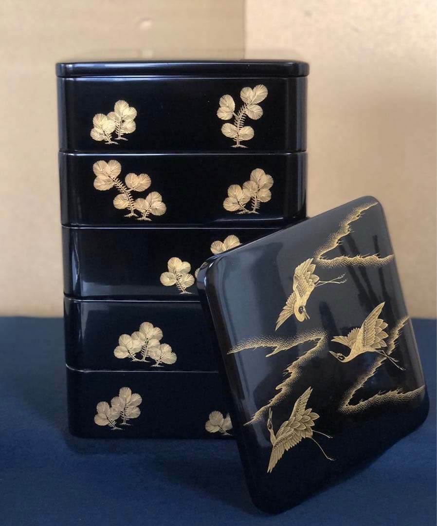 《R》輪島塗 沈金若松舞鶴 五段重 替蓋 台付 山崖松花堂謹製 251222か2