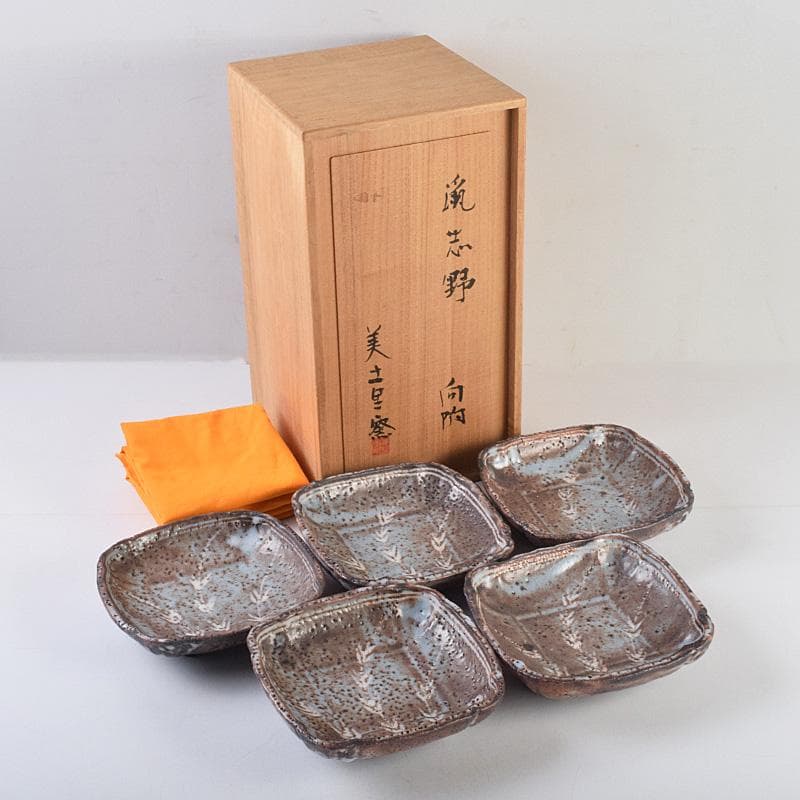 和食器　美土里窯　鼠志野　草文　向付　五客　共箱　M　R9246B