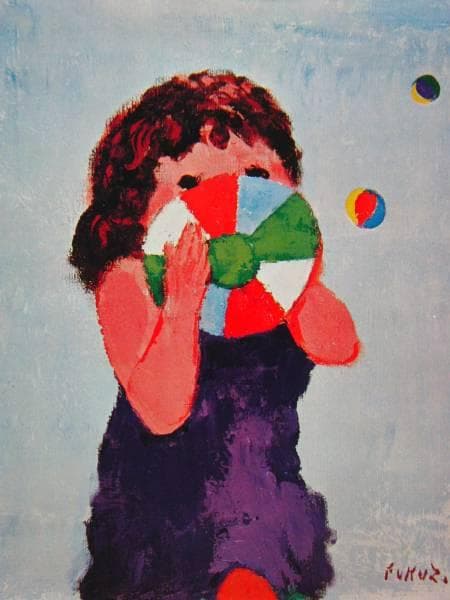 福沢一郎、少女とふうせん、超希少額装用画版、新品額装付