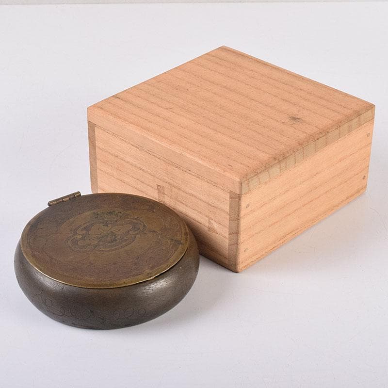 中国　古銅　木瓜神獣刻　薬入　蓋物　時代箱付　C　R8939
