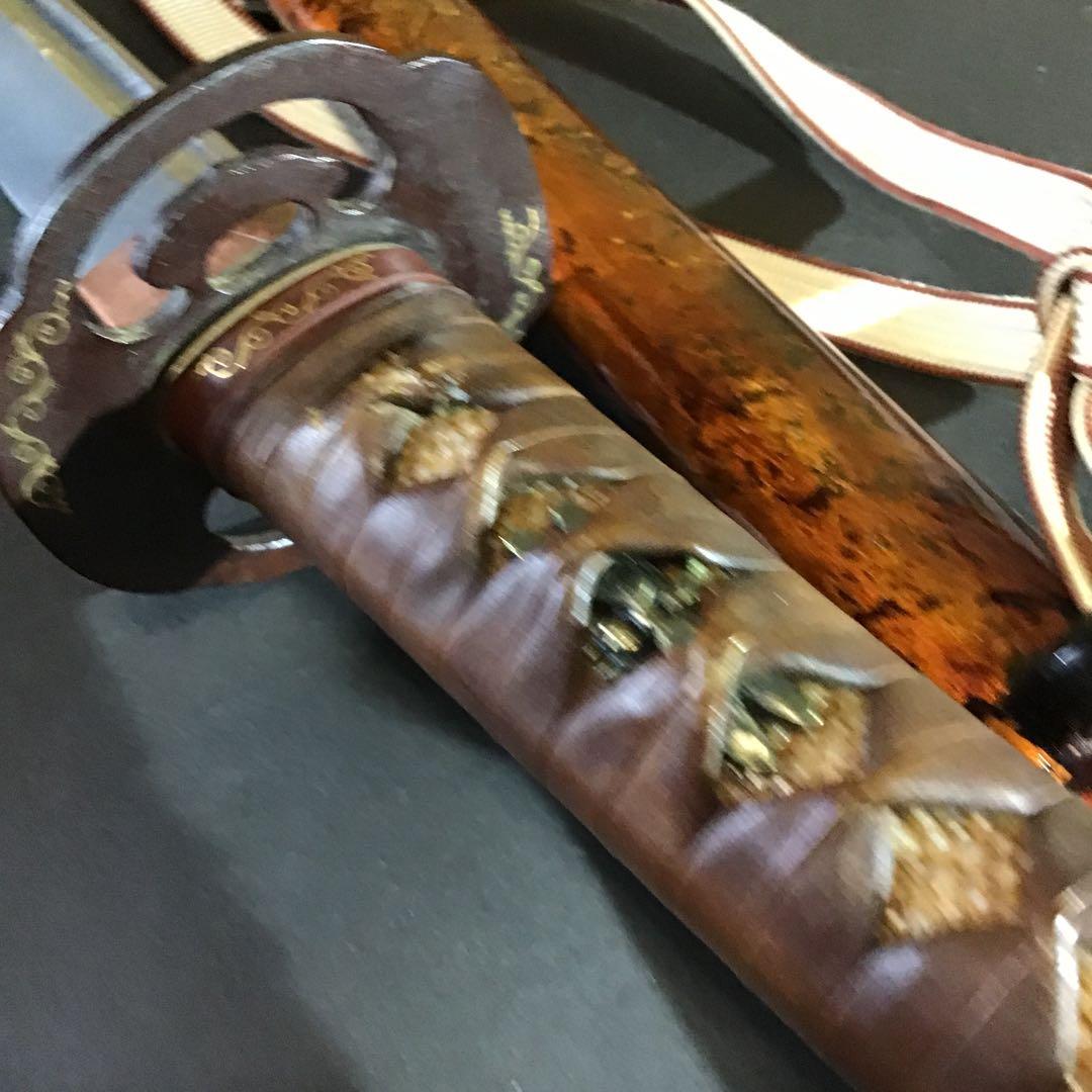 肥後拵　鍔　縁頭　象嵌　革巻柄　目貫勝虫　居合刀