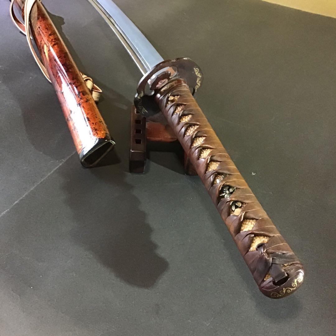 肥後拵　鍔　縁頭　象嵌　革巻柄　目貫勝虫　居合刀