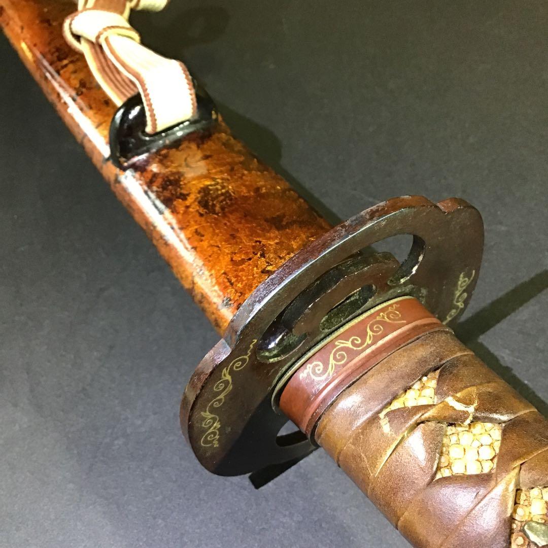 肥後拵　鍔　縁頭　象嵌　革巻柄　目貫勝虫　居合刀