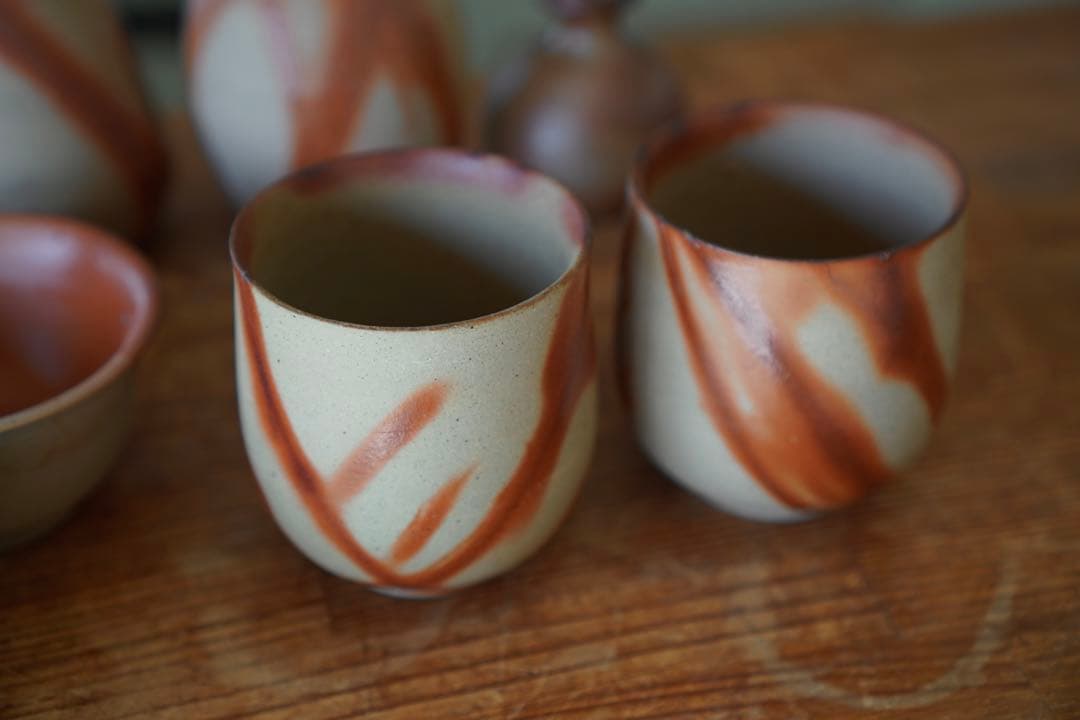 KCK604 備前焼 煎茶椀 湯呑み 一輪挿し 徳利 10客 在銘 伝統工芸品