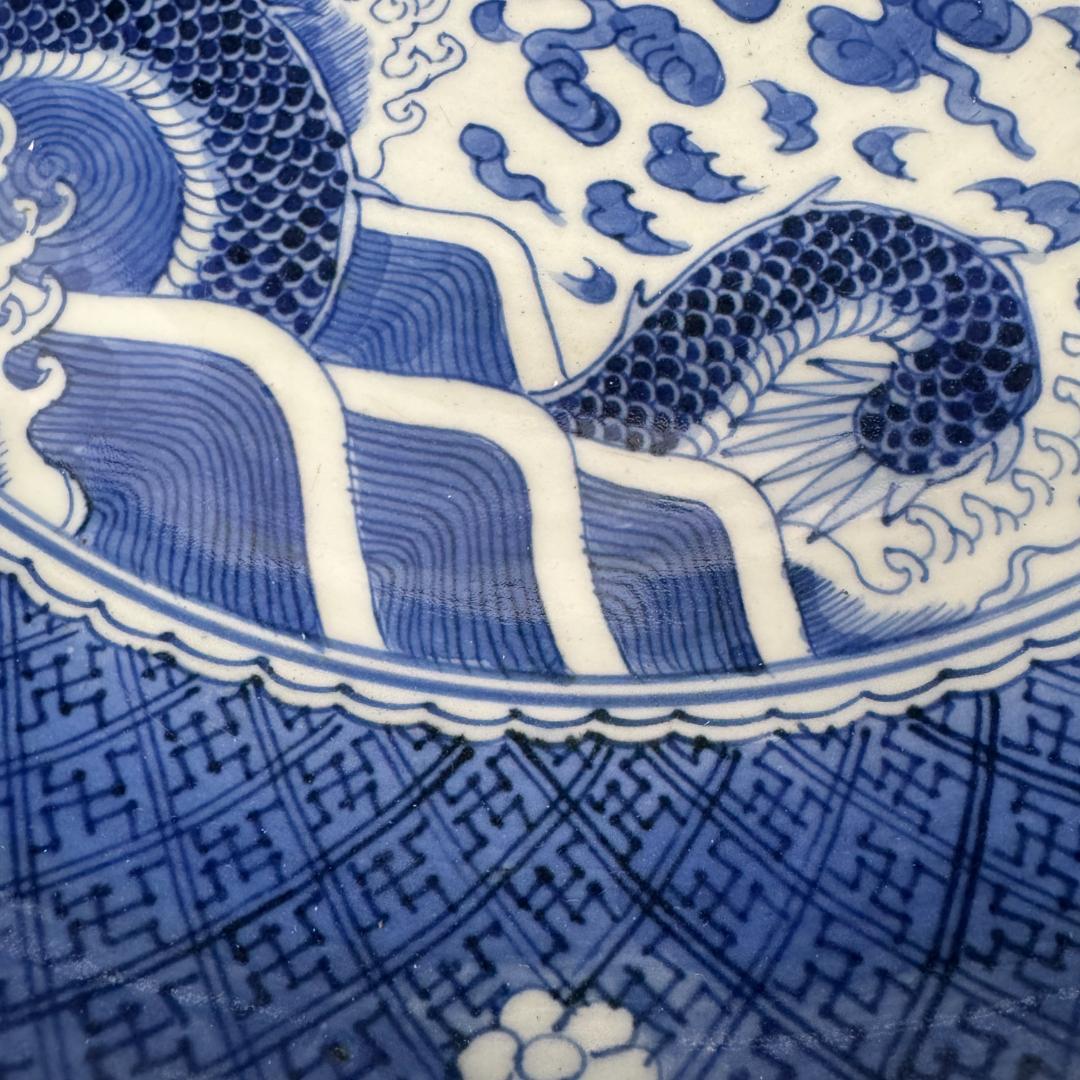 古伊万里　菱地紋双龍図　大明成化年製　深皿　江戸中期40cm