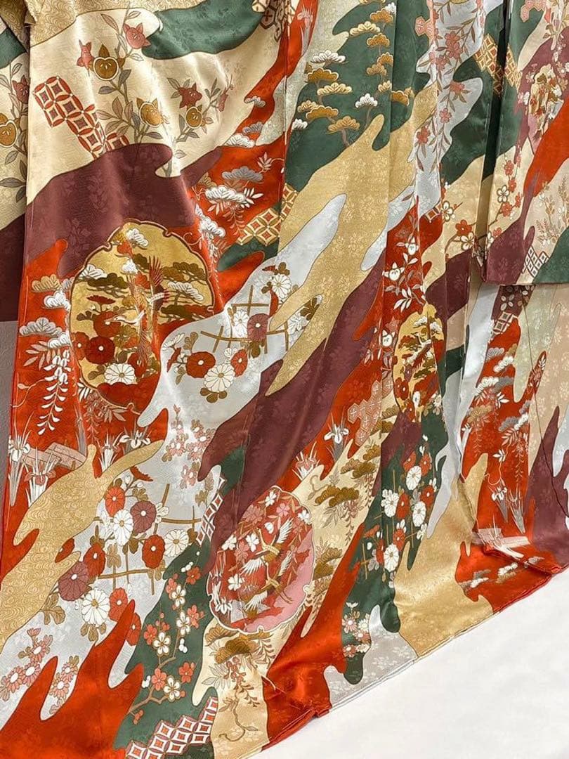 藤井寛 落款入 振袖 未仕立て品 仮絵羽 鶴 七宝繋ぎ 金駒 金彩 紋意匠 正絹