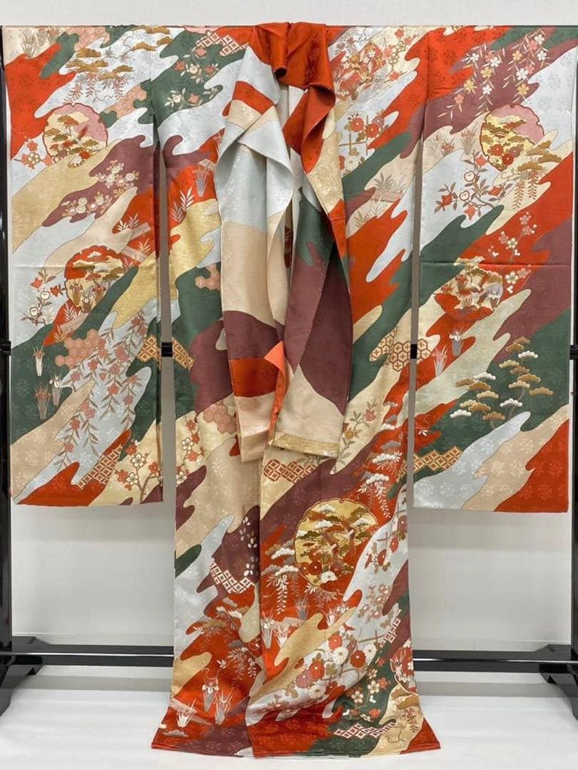 藤井寛 落款入 振袖 未仕立て品 仮絵羽 鶴 七宝繋ぎ 金駒 金彩 紋意匠 正絹