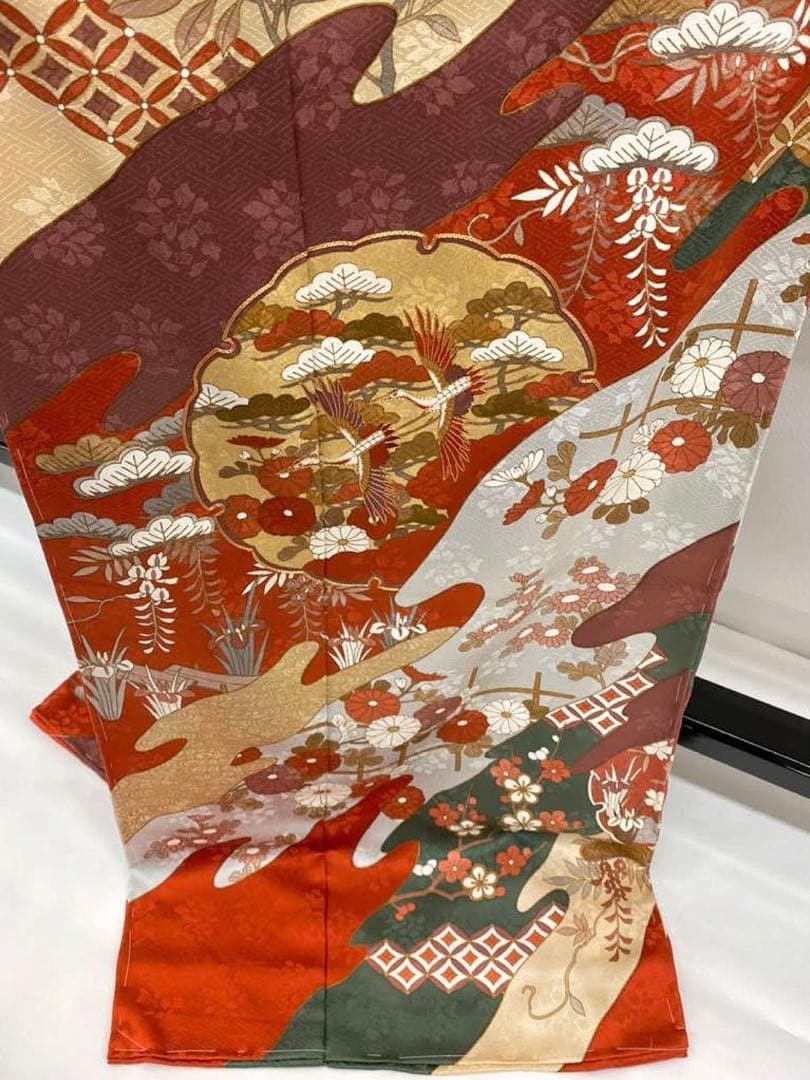 藤井寛 落款入 振袖 未仕立て品 仮絵羽 鶴 七宝繋ぎ 金駒 金彩 紋意匠 正絹