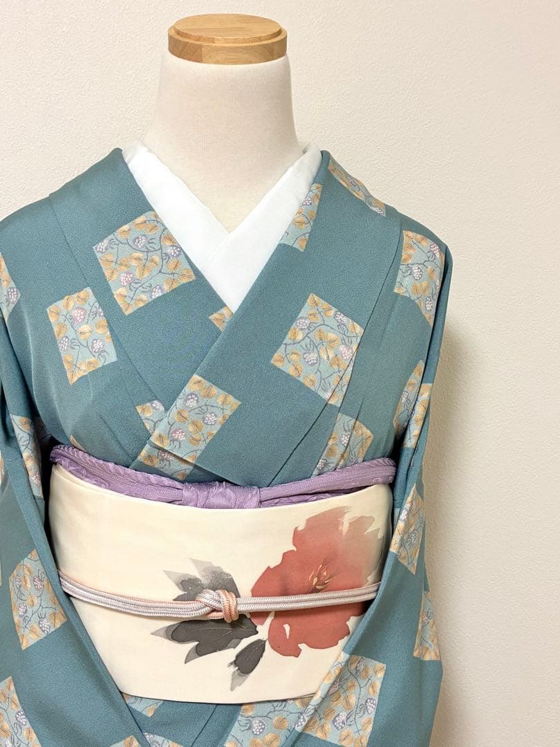 袷　小紋　苺の千代紙　裄70cm 正絹　半衿おまけ付き