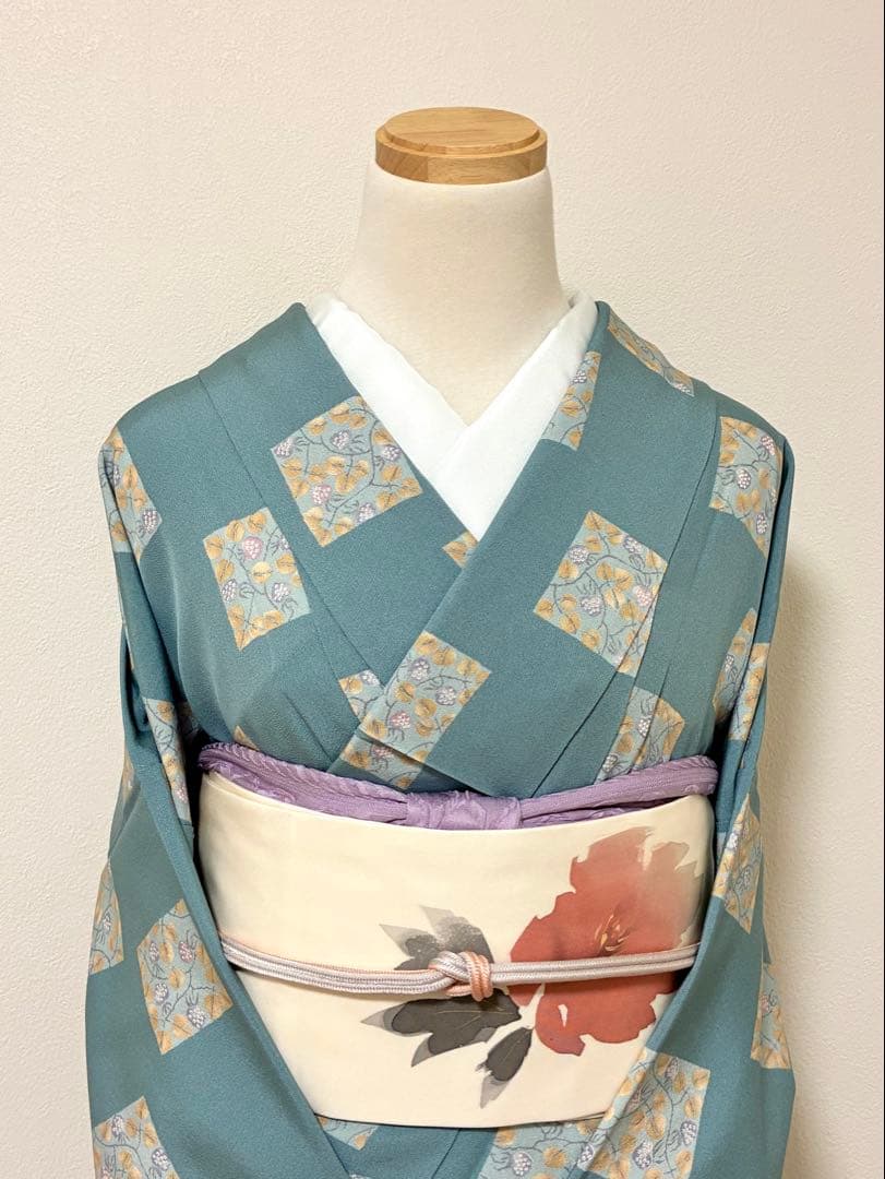 袷　小紋　苺の千代紙　裄70cm 正絹　半衿おまけ付き