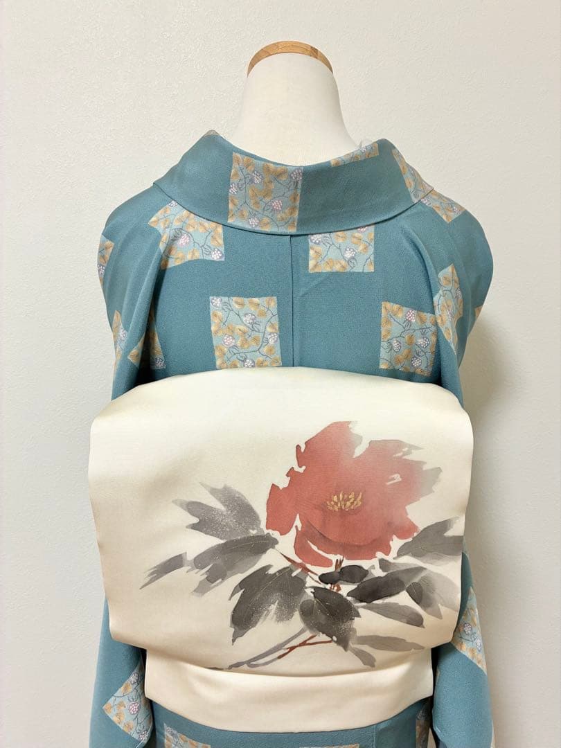 袷　小紋　苺の千代紙　裄70cm 正絹　半衿おまけ付き