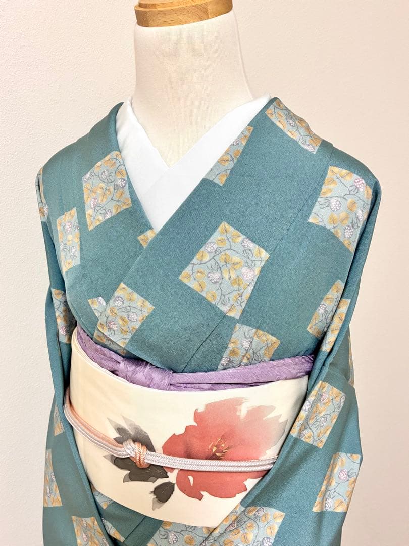 袷　小紋　苺の千代紙　裄70cm 正絹　半衿おまけ付き