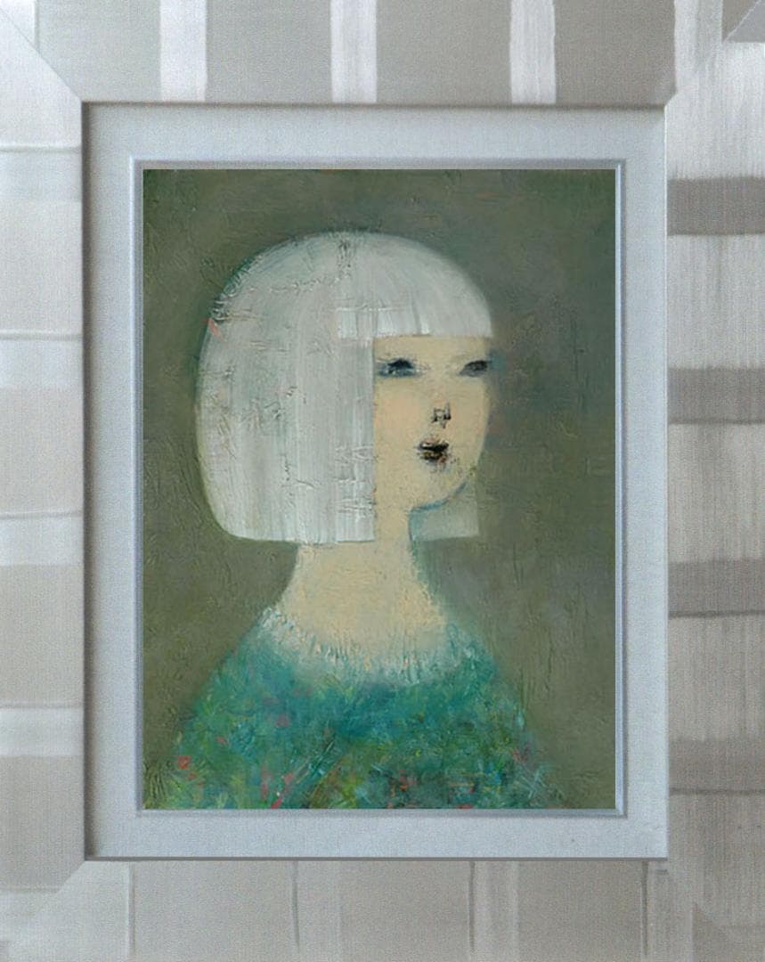 油絵 菅家令子 絵 絵画インテリア額付(青緑＋金色の枠) F4-071112女性