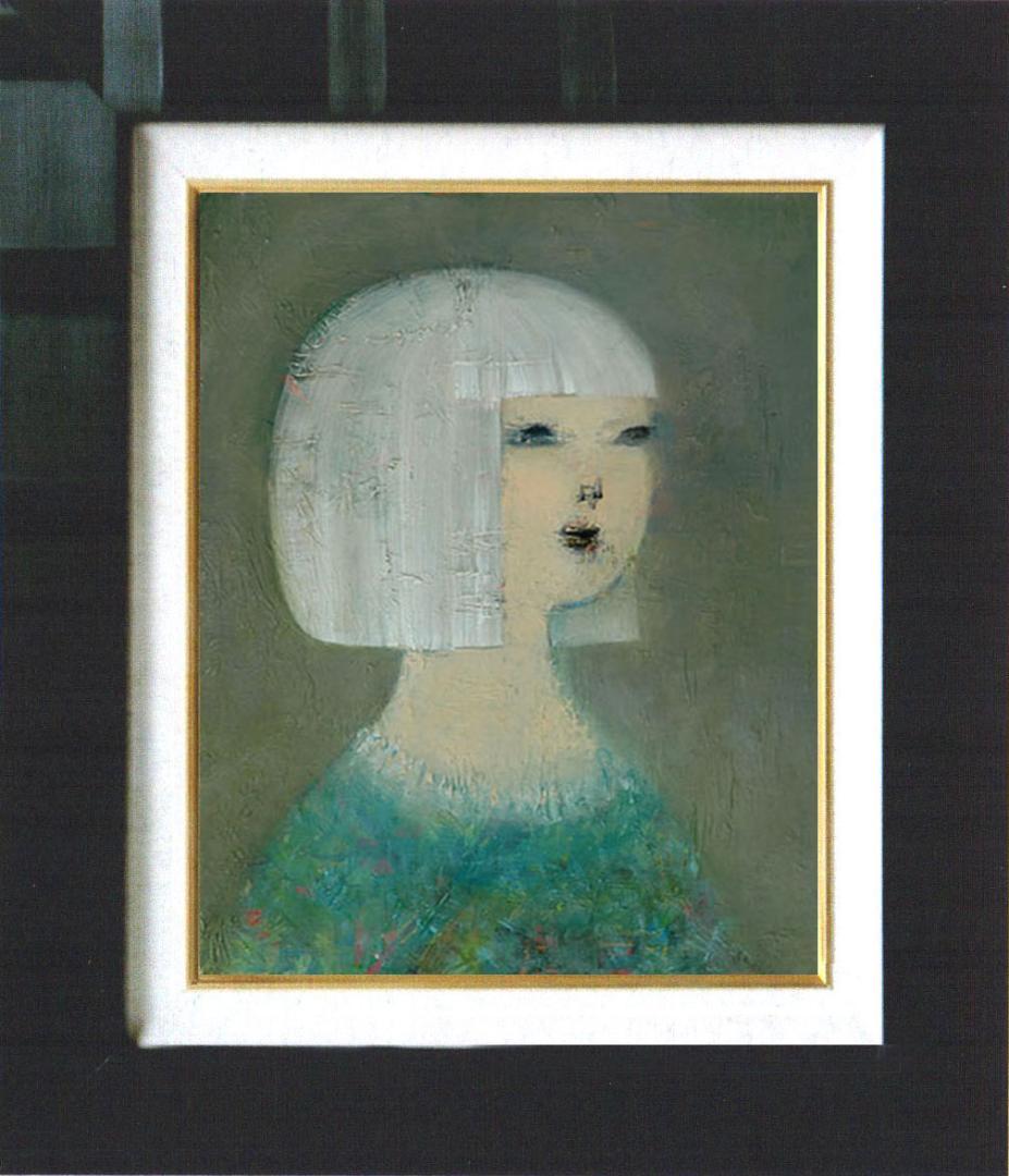 油絵 菅家令子 絵 絵画インテリア額付(青緑＋金色の枠) F4-071112女性