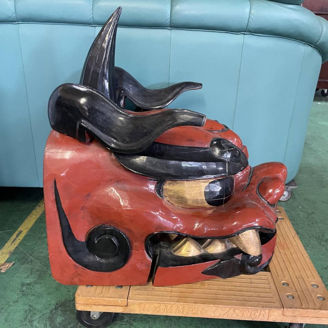 特大　獅子頭　獅子舞　伝統工芸　木彫り　彫刻　縁起物　置物　お正月　XＺ3509