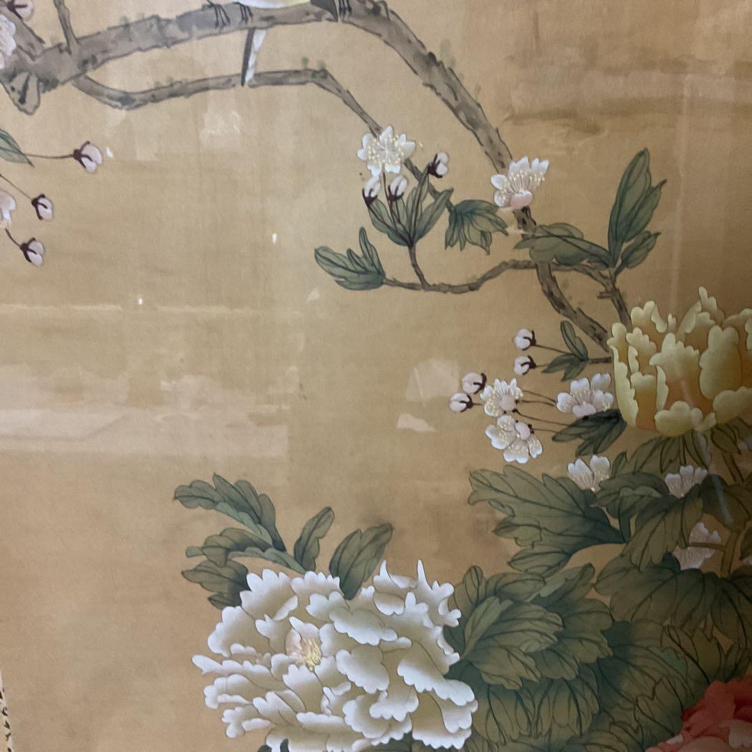 中国画 花鳥図 木枠扁額 【 牡丹に小禽図 】 落款名無 作者不詳