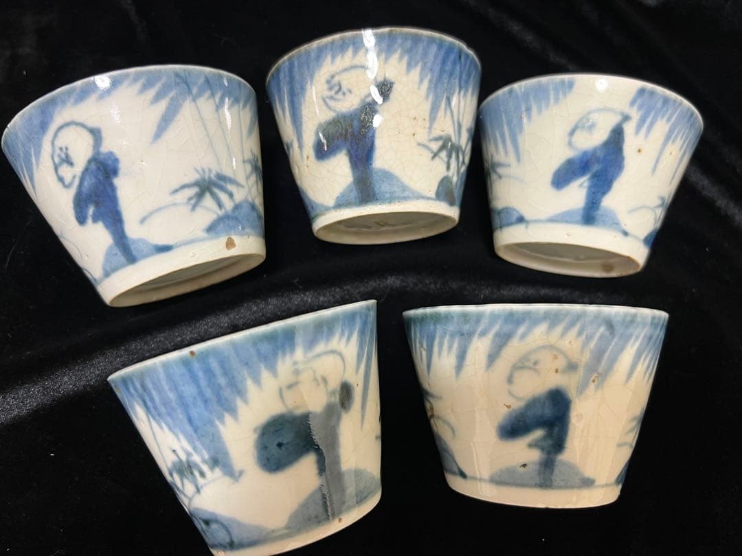 希少江戸時代末期~伊万里 染付 そば猪口 蕎麦猪口ぐい呑 口径8.5x6cm五客