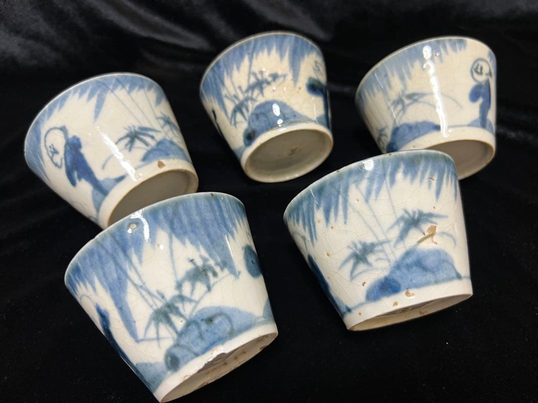 希少江戸時代末期~伊万里 染付 そば猪口 蕎麦猪口ぐい呑 口径8.5x6cm五客