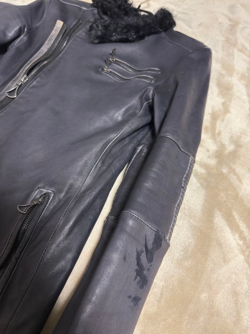 オ*ニ様 CHARMCULT ファー付き ホースレザーシングルライダースジャケッ