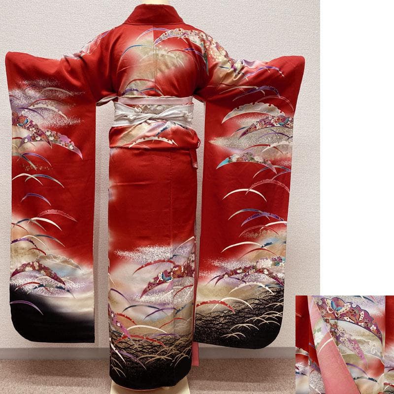 502aj5◎振袖＆袋帯 帯揚げ 帯締め 重ね衿 古典柄 雪輪 金彩 成人式◎