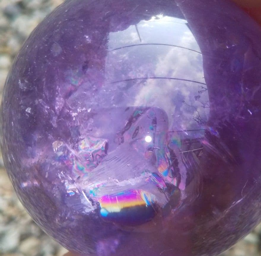 セール　アメトリン スフィア 丸玉 虹入り クリスタルガラス台座付き
