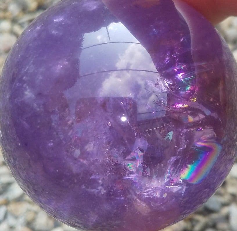 セール　アメトリン スフィア 丸玉 虹入り クリスタルガラス台座付き