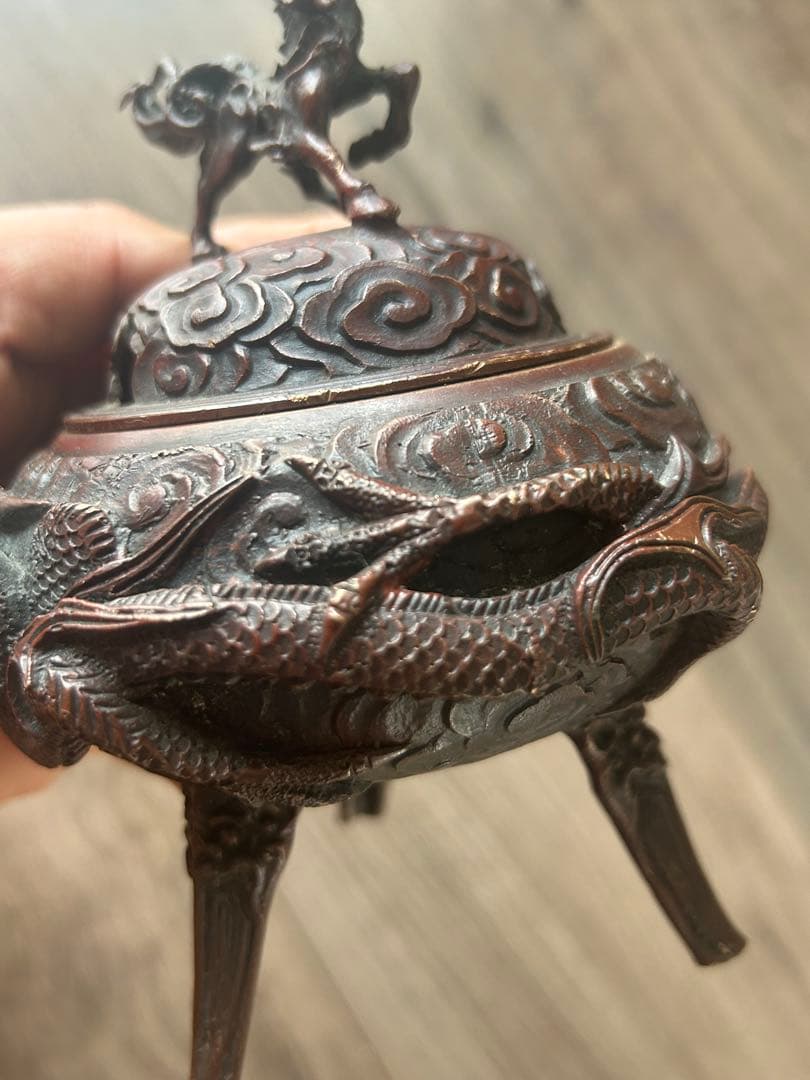 米田秀保 造 鋳銅製 蝋型 麒麟摘 雲龍地文細密彫 三足香炉 茶道具 香道具