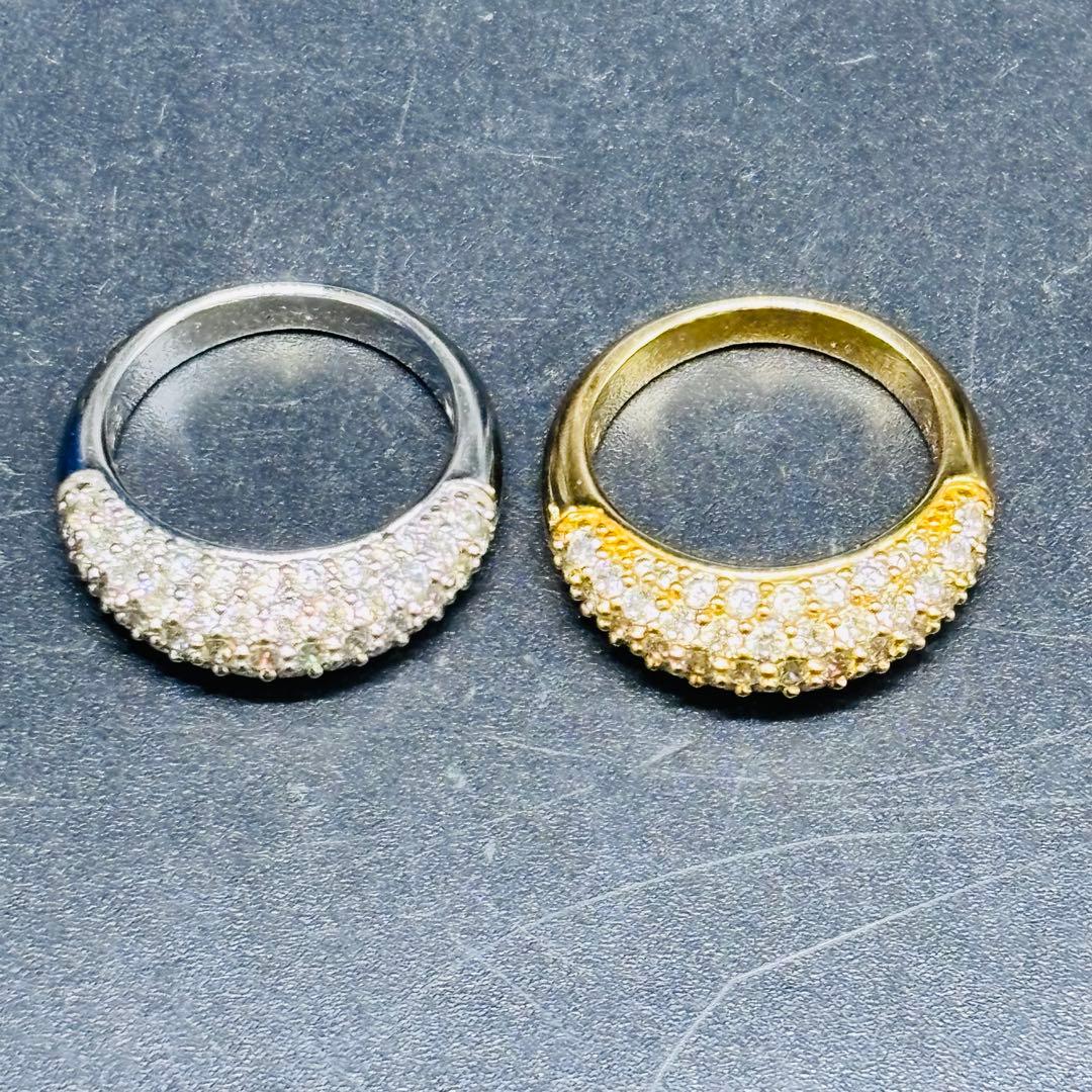 スワロフスキー ハーフパヴェ リング ゴールド シルバー 2点セット 55号