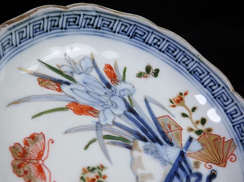 古伊万里　染錦　菖蒲に菊の図　４寸半皿　４客　D869AS-BXp