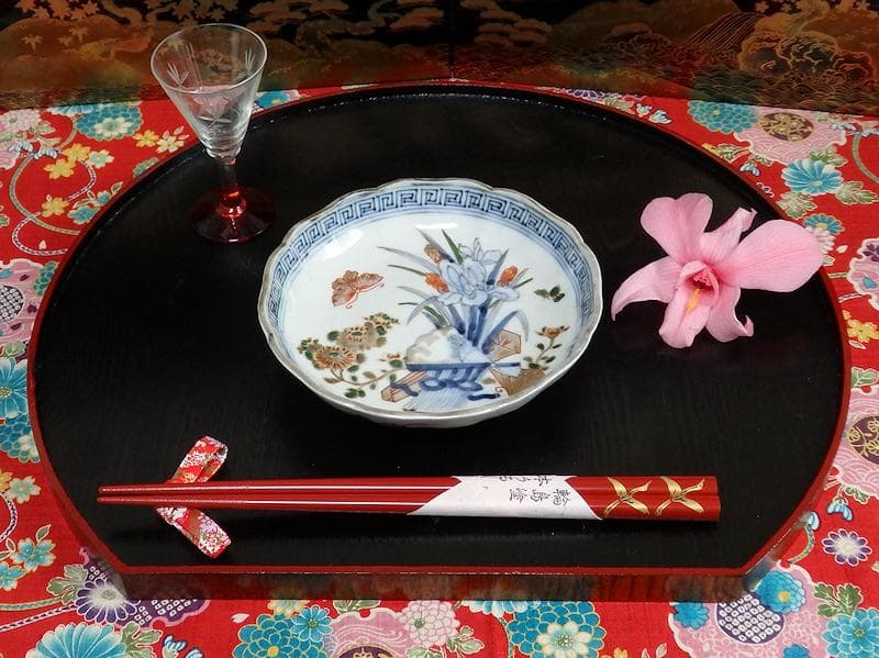 古伊万里　染錦　菖蒲に菊の図　４寸半皿　４客　D869AS-BXp