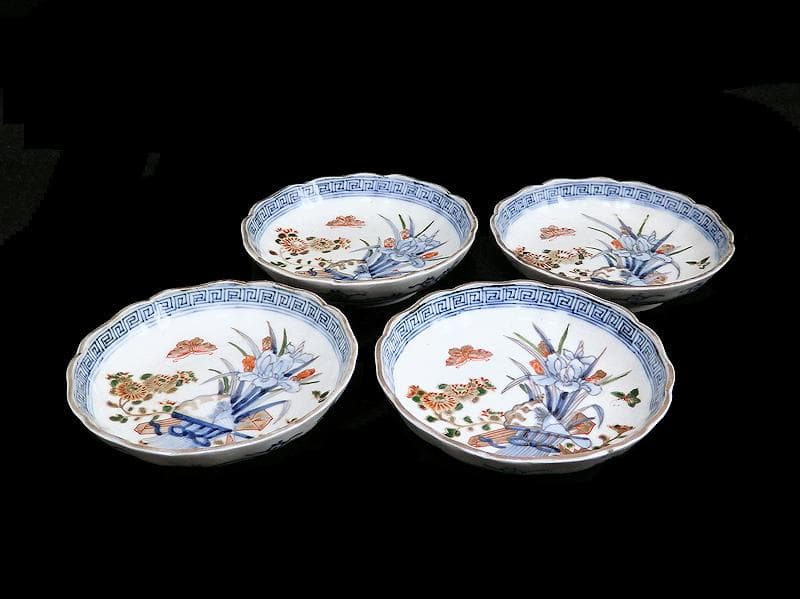 古伊万里　染錦　菖蒲に菊の図　４寸半皿　４客　D869AS-BXp
