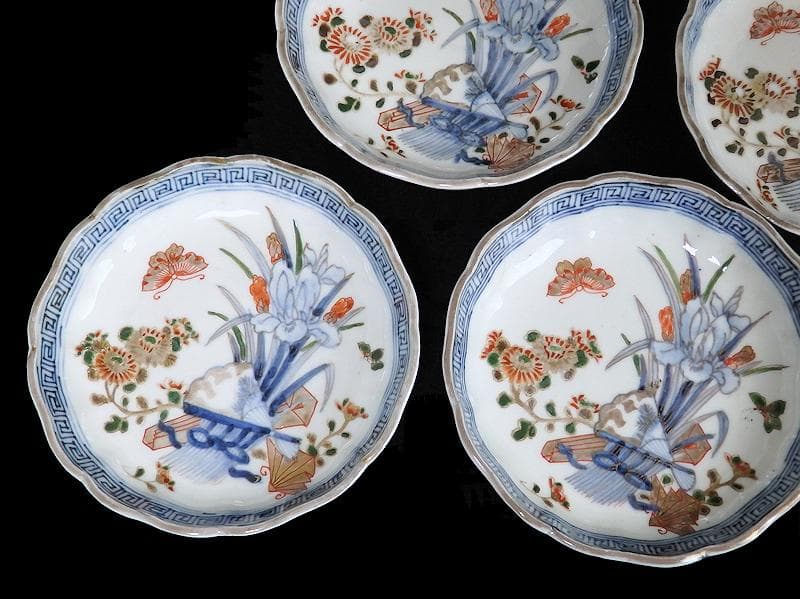 古伊万里　染錦　菖蒲に菊の図　４寸半皿　４客　D869AS-BXp