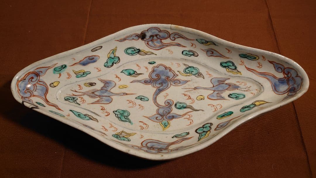 古九谷　古伊万里　菱形　色絵　鶴の図　九谷焼　美術館展示　１客