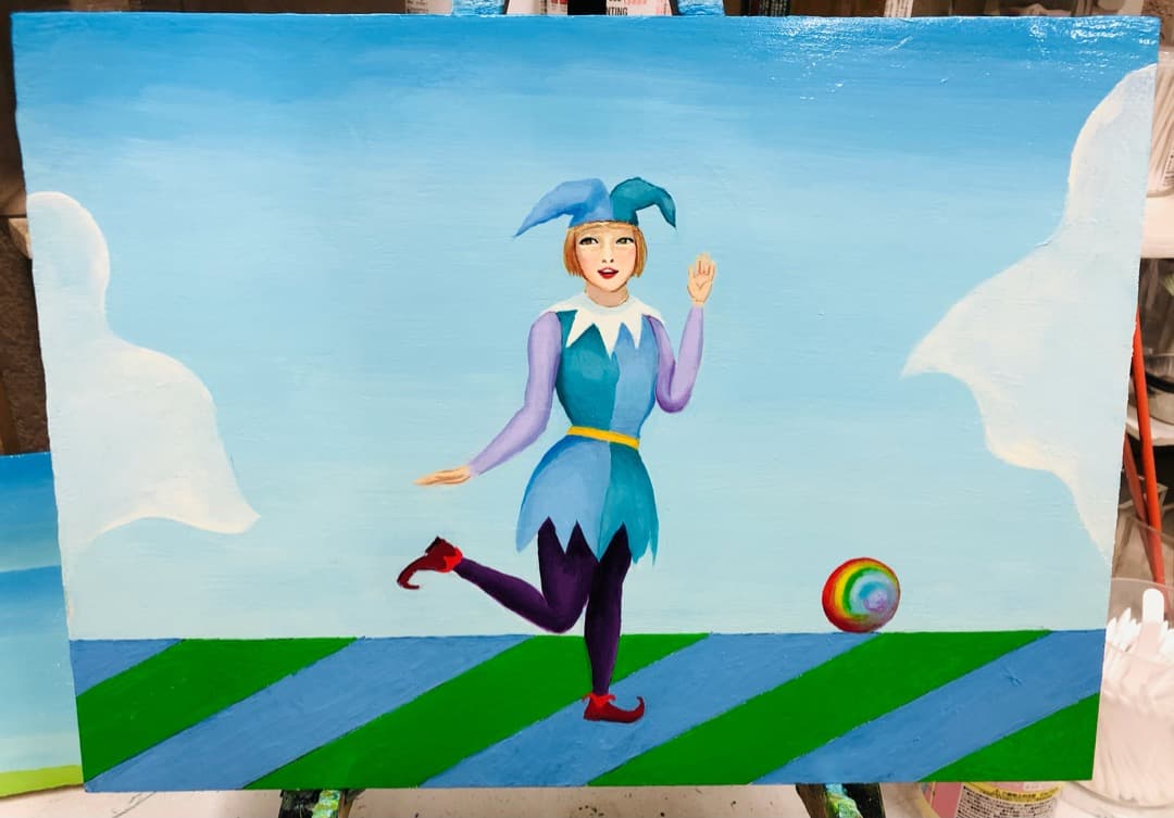 青いピエロNo3　アルルカン　油絵　絵画　絵　アート　インテリア　額入り