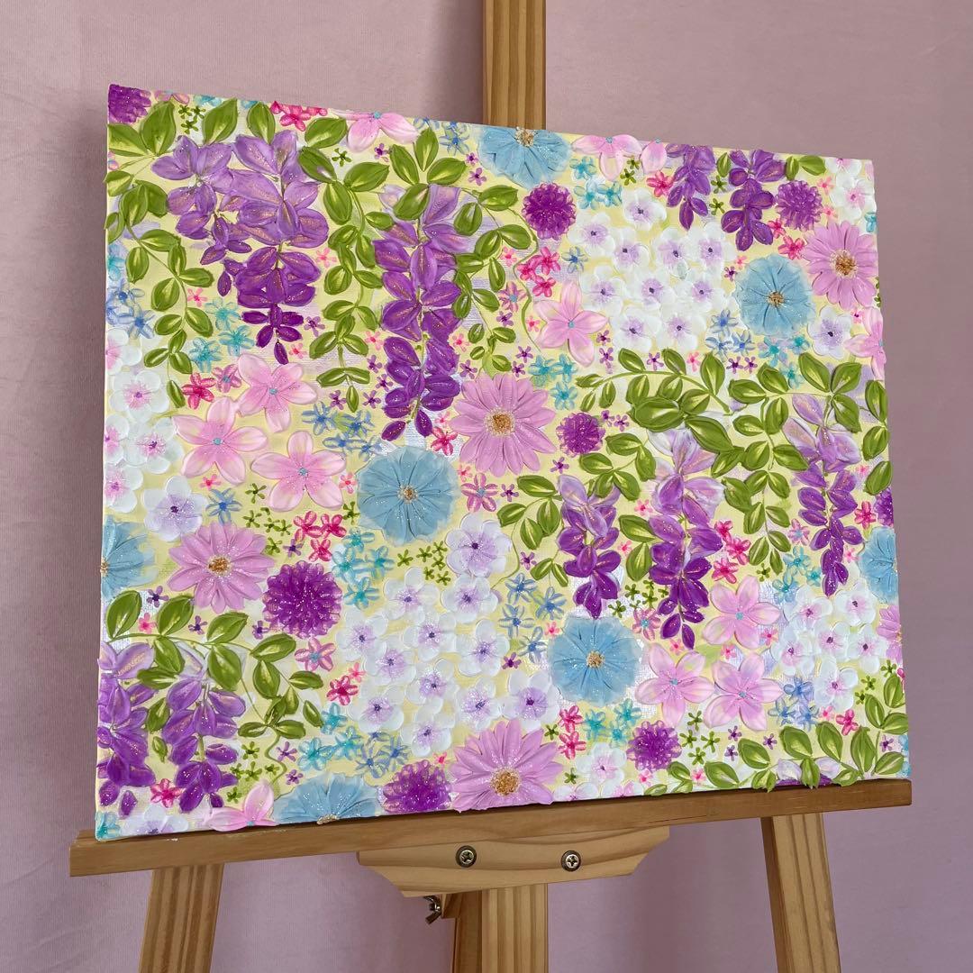 花柄アクリル絵画 藤の花 藤 藤の絵 藤柄 テクスチャーアート ボタニカル