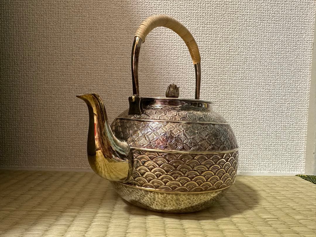 純銀製 金蘭模様彫 蕾摘 湯沸 銀瓶 工芸品 美術品 煎茶道具