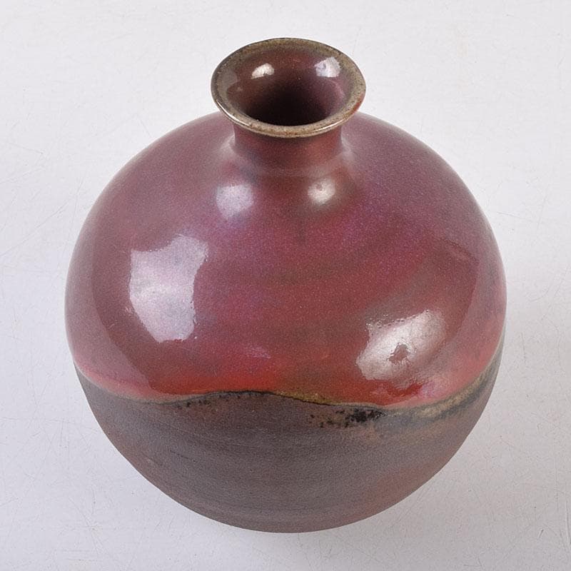 人間国宝　濱田庄司作　辰砂釉　丸壷　共布共箱　V　R8910