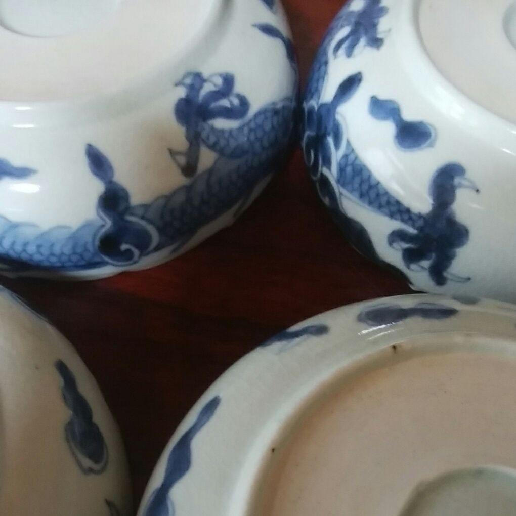 120  古伊万里　染付　龍文様　稜花形　膾皿　5客