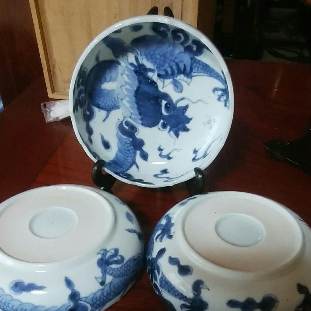 120  古伊万里　染付　龍文様　稜花形　膾皿　5客