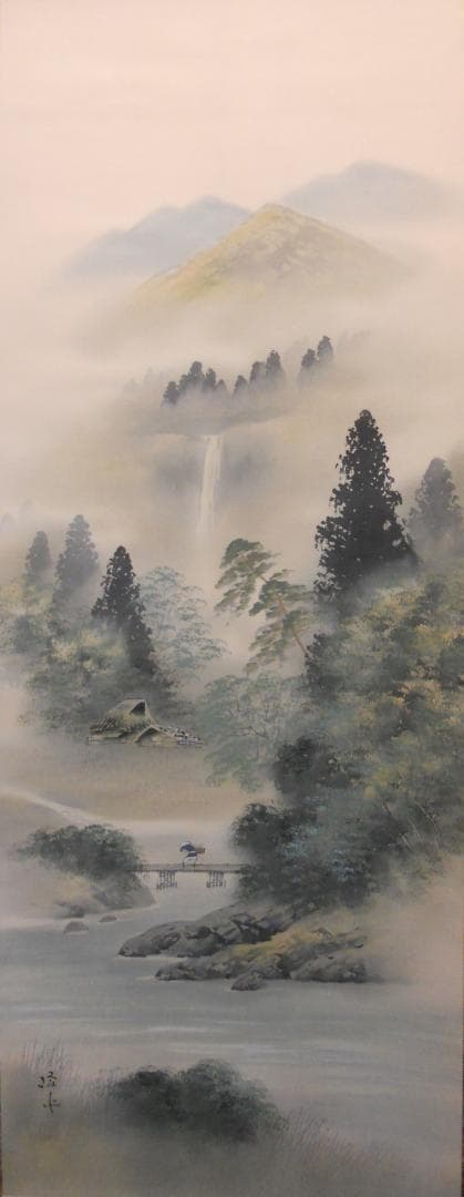 掛け軸 峰水 渓流風景 絹本 希少 軸装 茶道具 掛軸 美品 です。