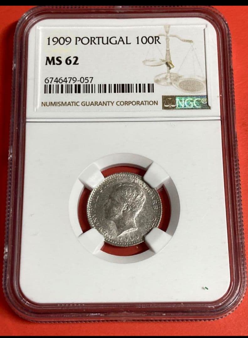 激レア　ポルトガル１００レイス銀貨【マヌエル２世１９０９年】NGC鑑定