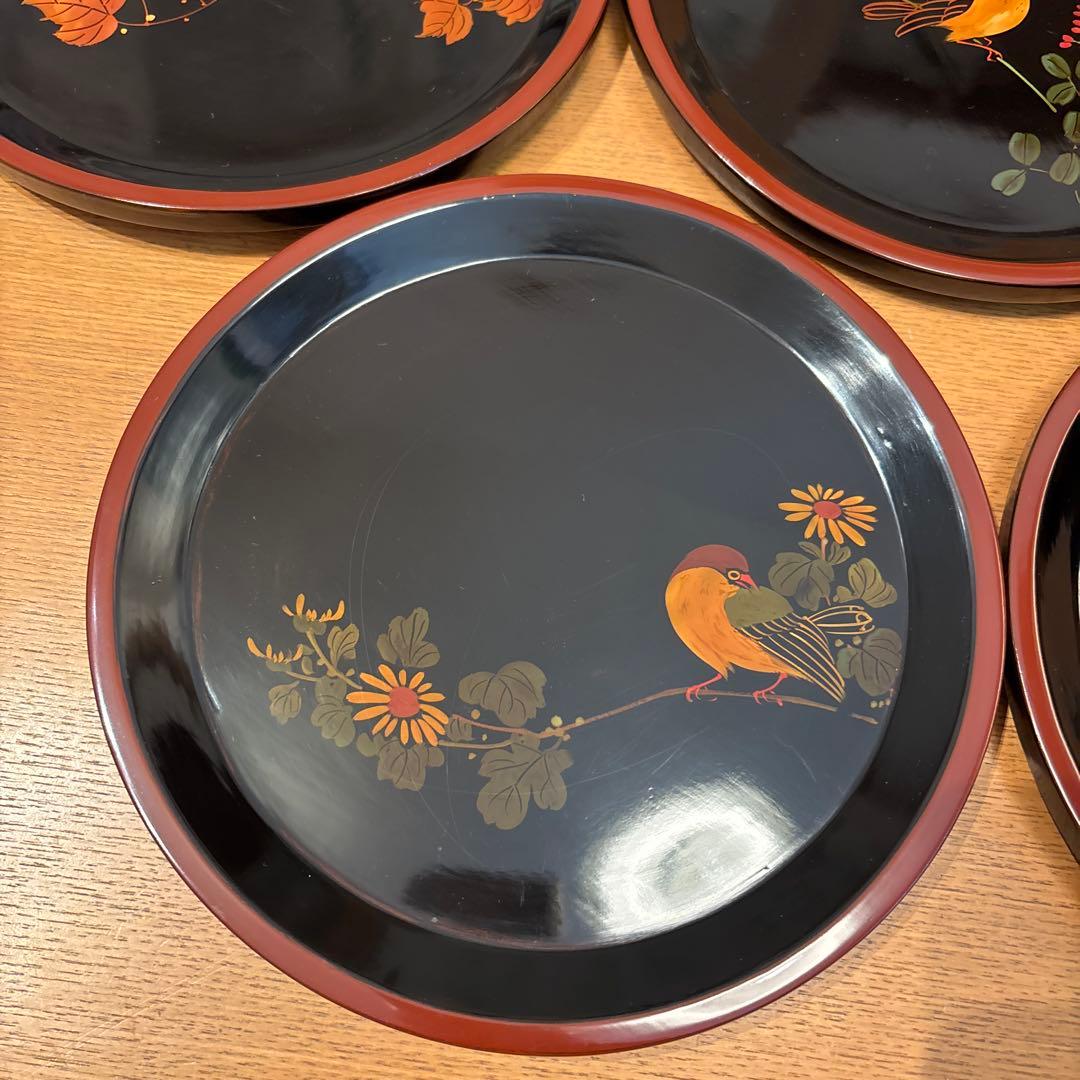 輪島塗 鳥 5枚 別柄 手書き 漆器 昭和初期 新品未使用品