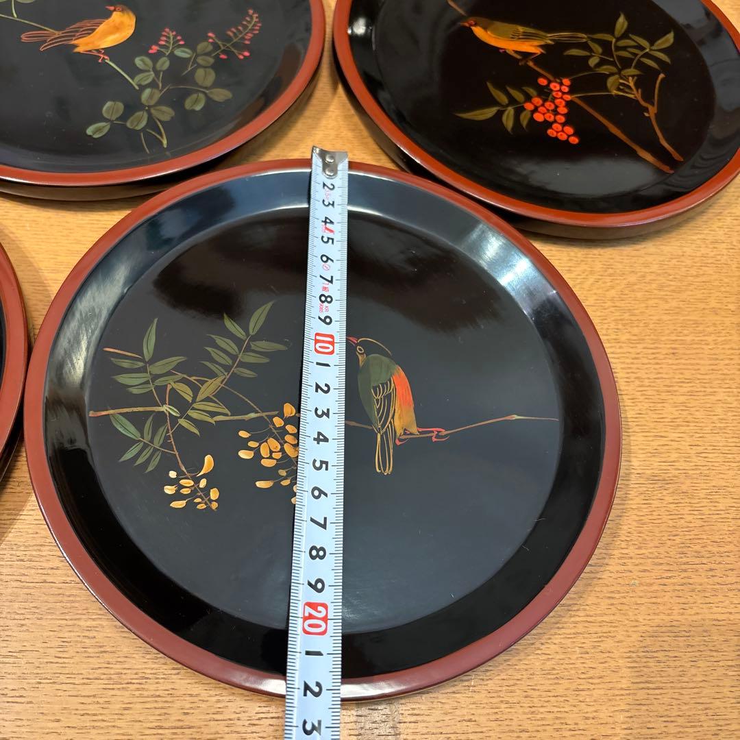 輪島塗 鳥 5枚 別柄 手書き 漆器 昭和初期 新品未使用品