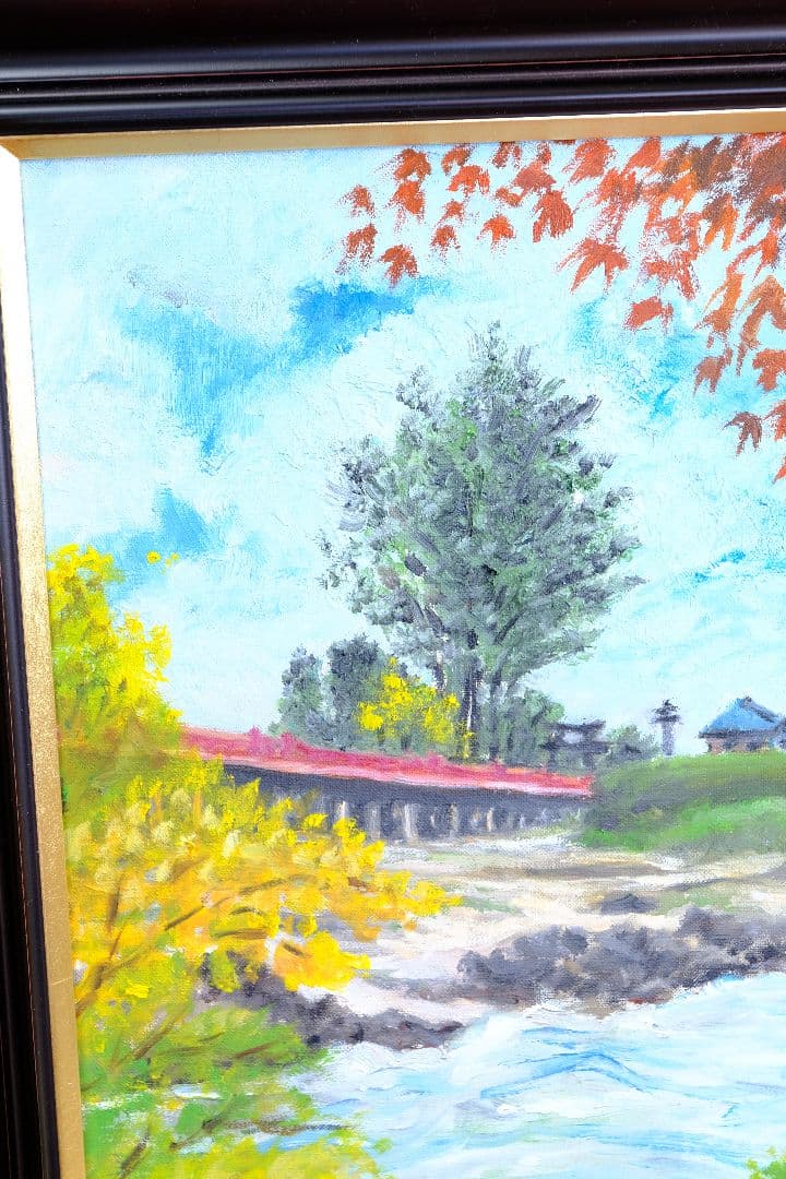 銀杏と御社橋　油絵　額縁付き