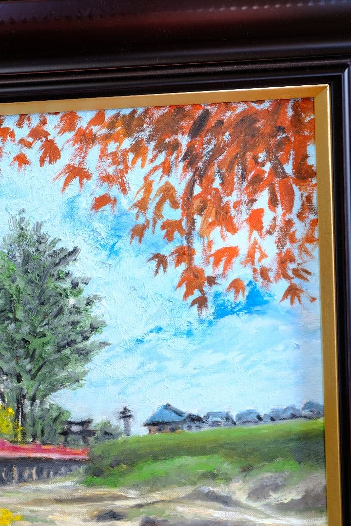 銀杏と御社橋　油絵　額縁付き