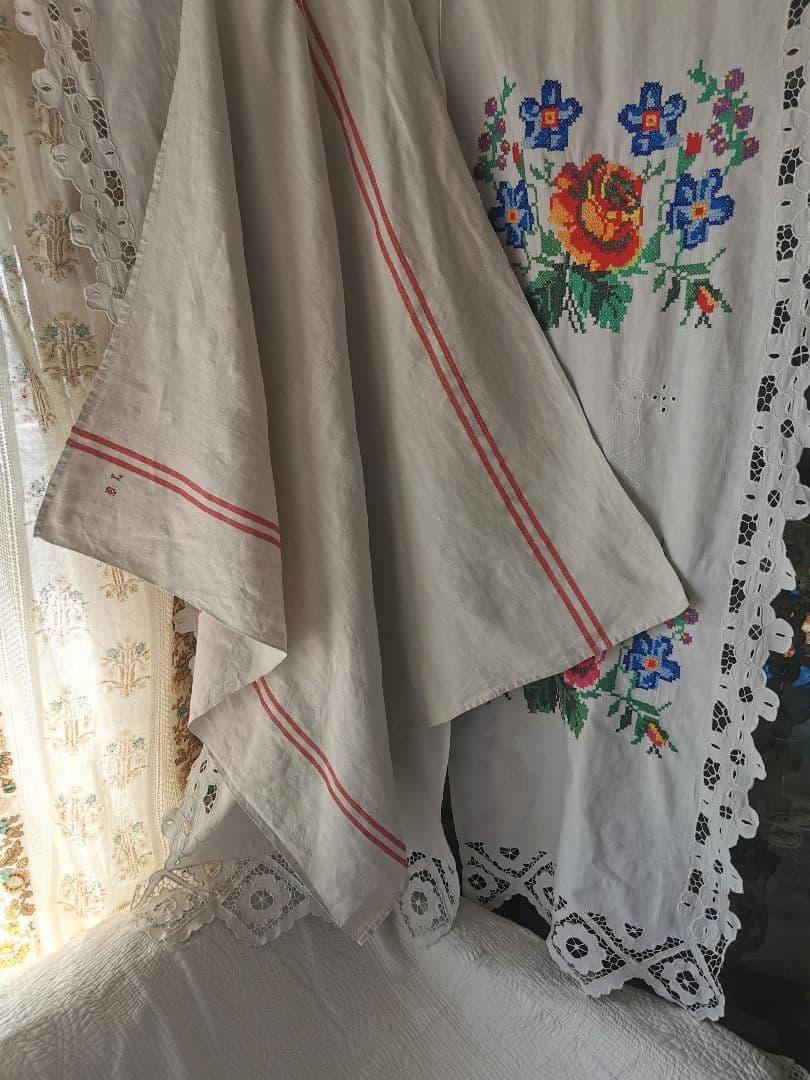 アンティークフランス ダブルライン ホームスパンリネン大判クロス イニシャル刺繍