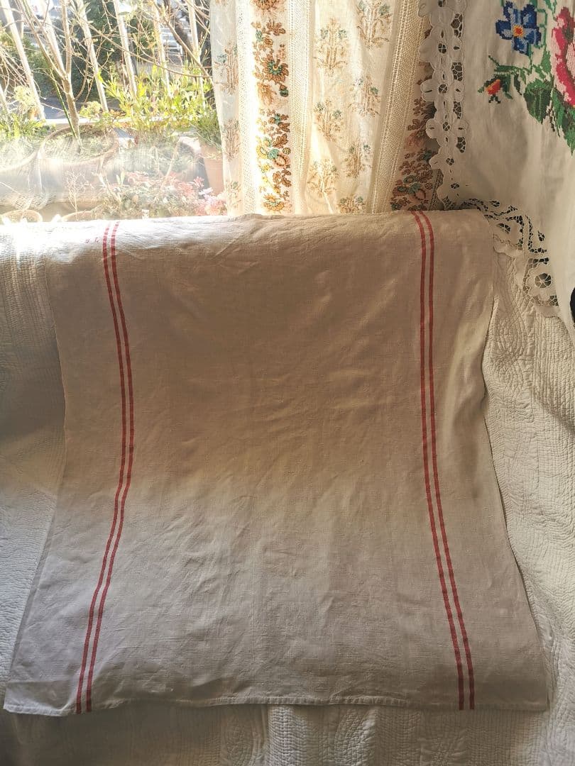 アンティークフランス ダブルライン ホームスパンリネン大判クロス イニシャル刺繍