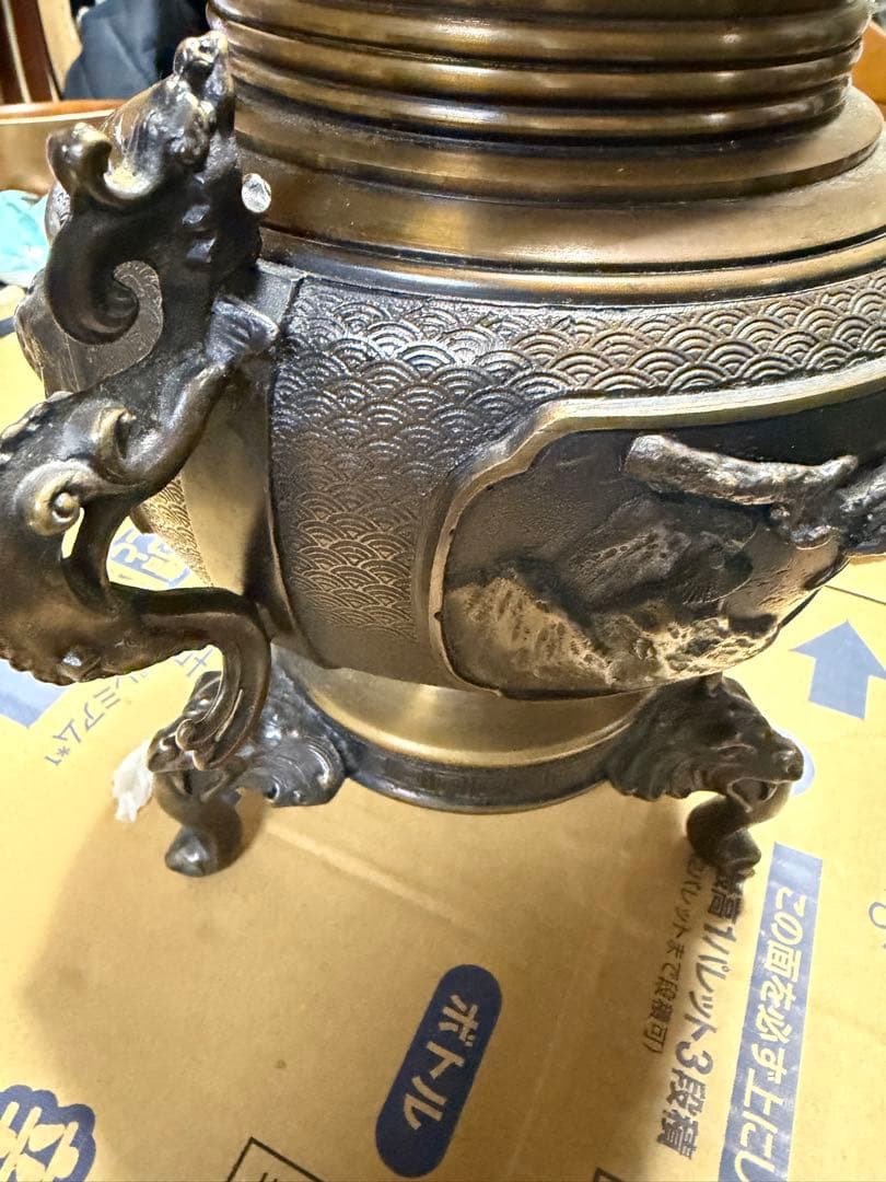 高岡銅器　米田陵山　薄端　楼閣山水図　龍耳獣足　ビンテージ